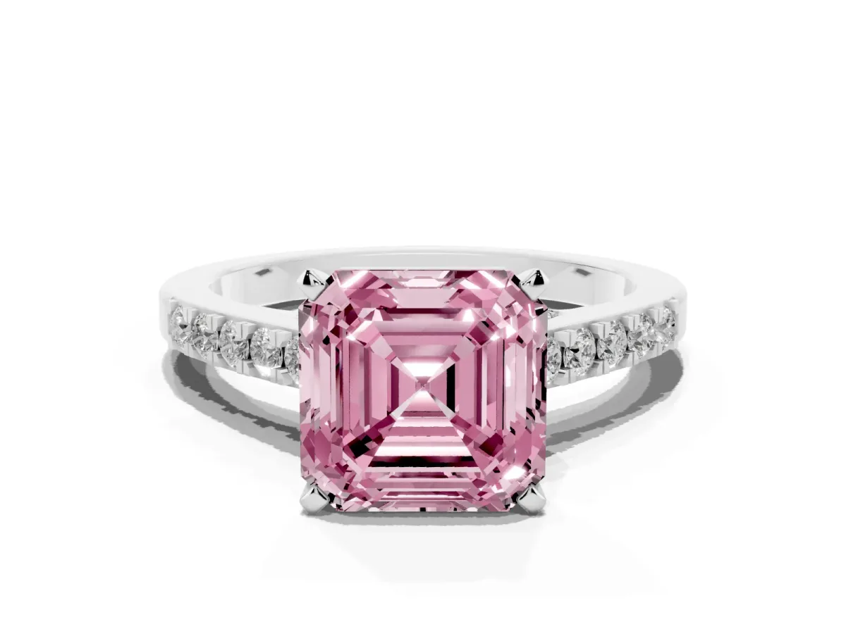 Fancy Pink Asscher Cut Diamond Solitaire Ring with Crossover Gallery and Round Pavé Band Platinum