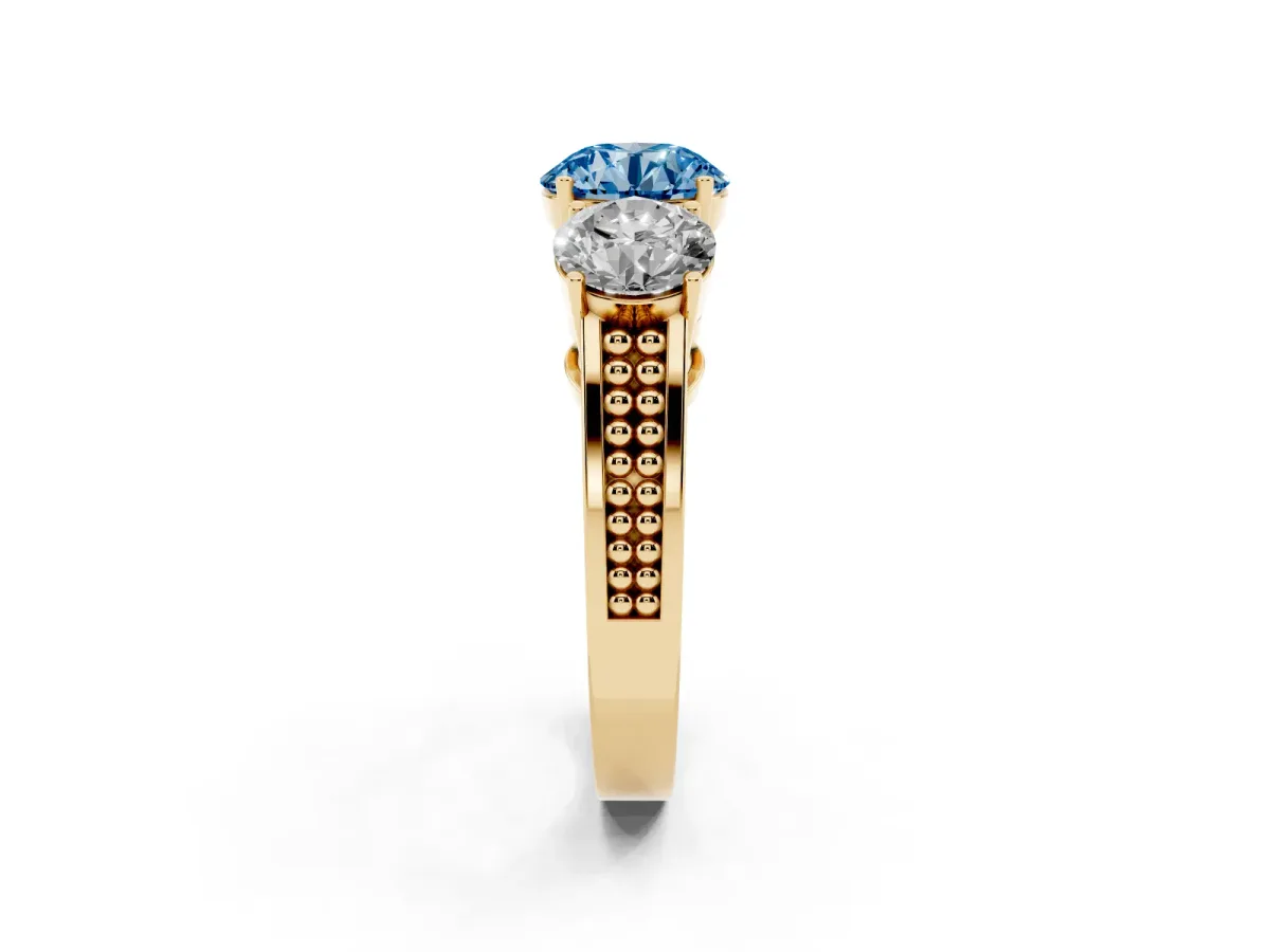 Fancy Blue Round Cut Diamond Three-Stone Ring with Prong Setting and Textured Band Yellow gold