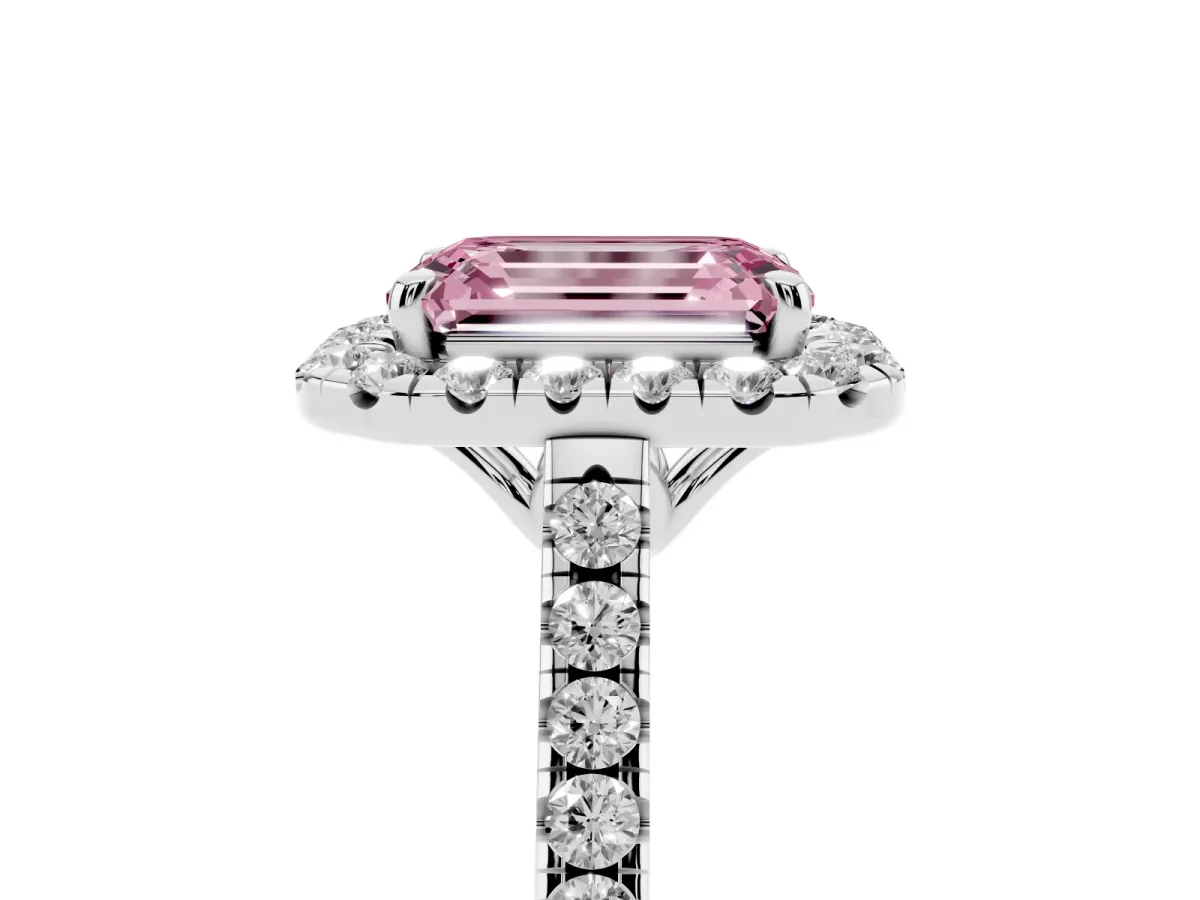 Fancy Pink Emerald Cut Halo Pavé Diamond Engagement Ring with Four-Prong Setting Silver