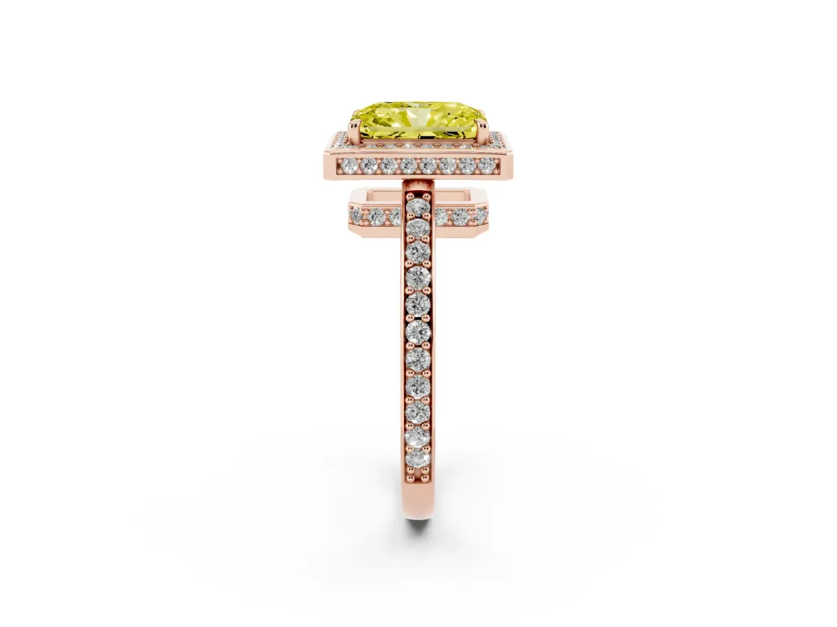 Fancy Yellow Radiant Cut Halo Pave Band Solitaire Ring with Prong Setting Rose gold