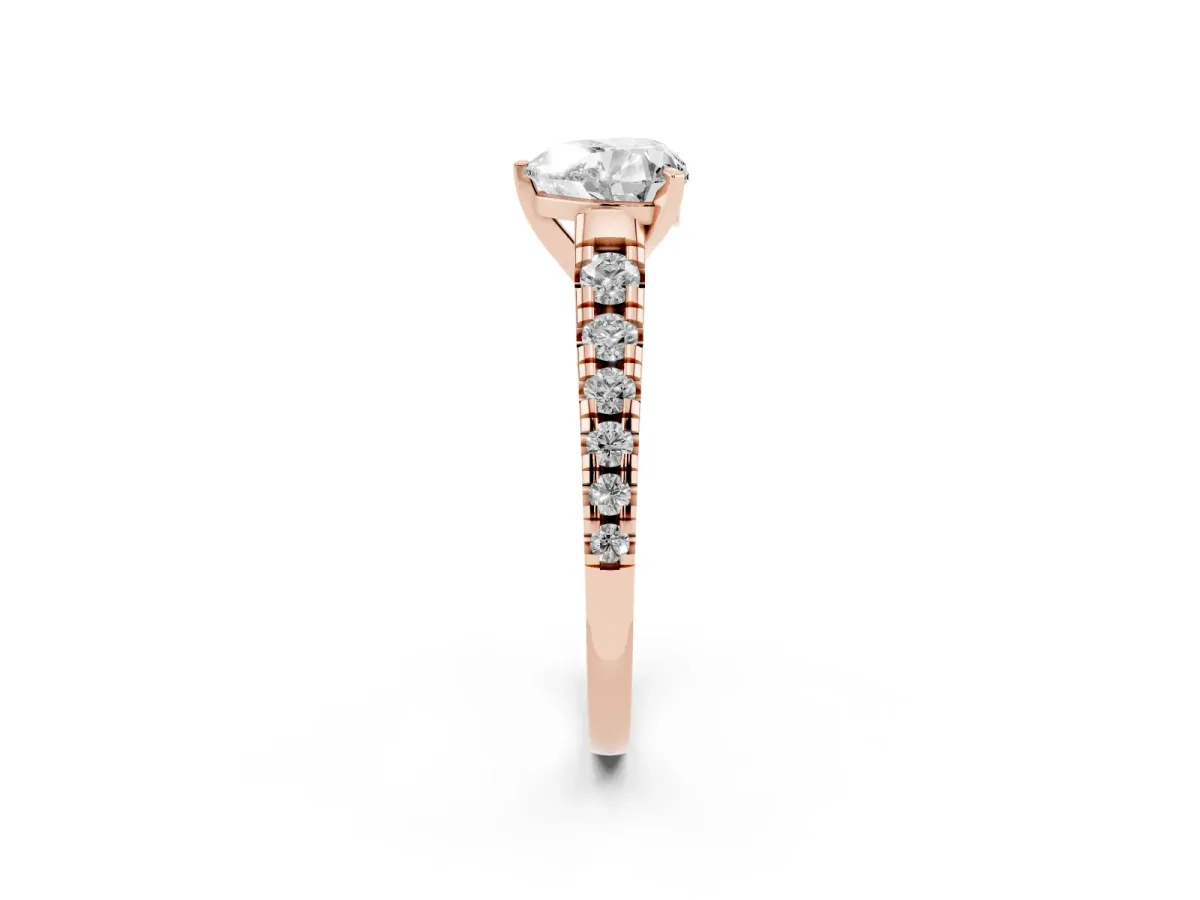 Heart Cut Diamond Cathedral Solitaire Ring with Round Pavé Band Rose gold