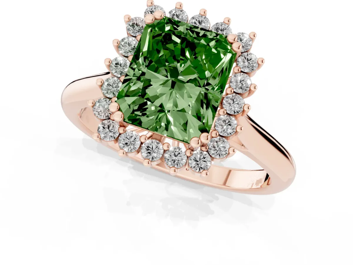 Fancy Green Radiant Cut Cut Diamond Halo Ring with Solitaire Band and Prong Setting Rose gold