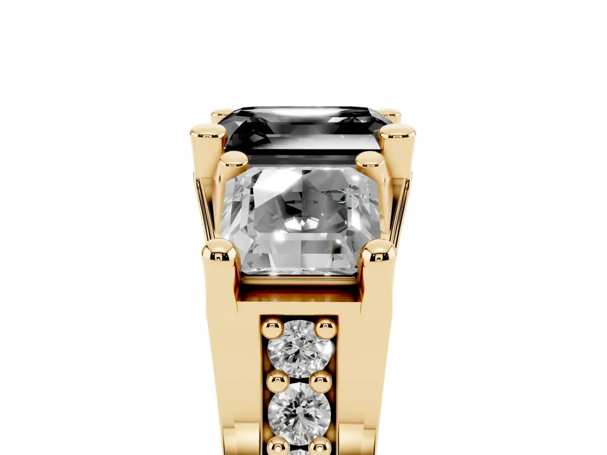 Fancy Black Asscher Cut Diamond Three-Stone Ring with Channel Set Band and Four-Prong Setting Yellow gold