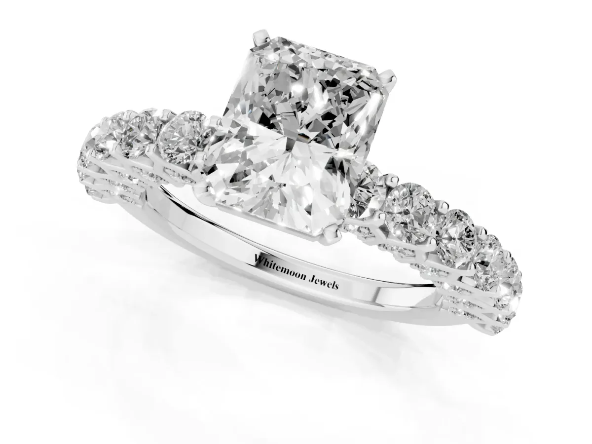 Radiant Cut Diamond Solitaire Ring with Shared Prong Pavé Band and Four-Prong Setting Platinum