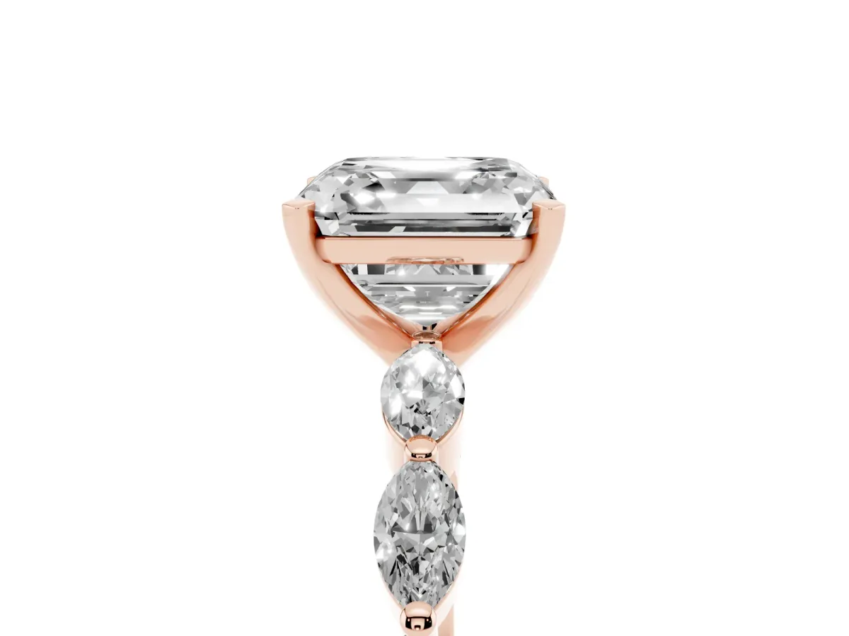 Asscher Cut Diamond Ring with Marquise Side Stones and Prong Setting Rose gold