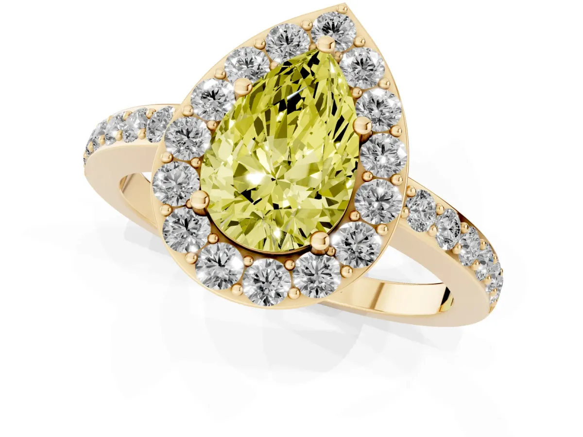 Fancy Yellow Pear Cut Halo Diamond Pavé Band Ring with Prong Setting Yellow gold