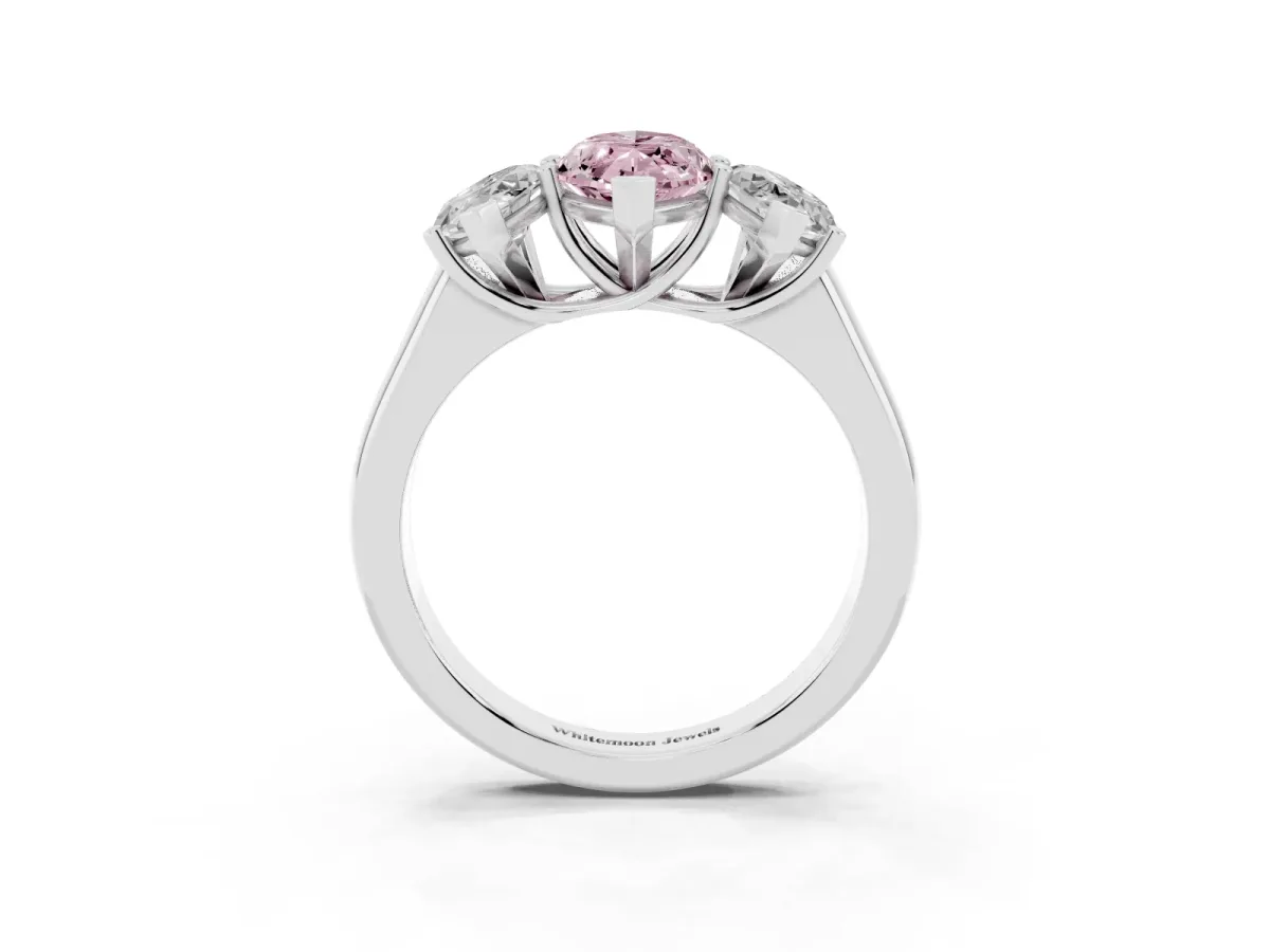 Fancy Pink Marquise Cut Three-Stone Diamond Ring with Prong Setting on a Classic Band Silver