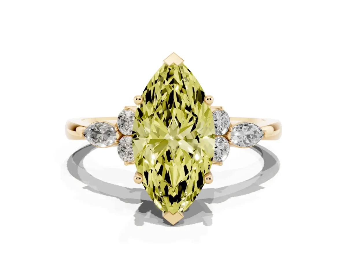 Fancy Yellow Marquise Cut Brilliant Diamond Solitaire Ring with Pear Side Stones and Four-Prong Setting Yellow gold