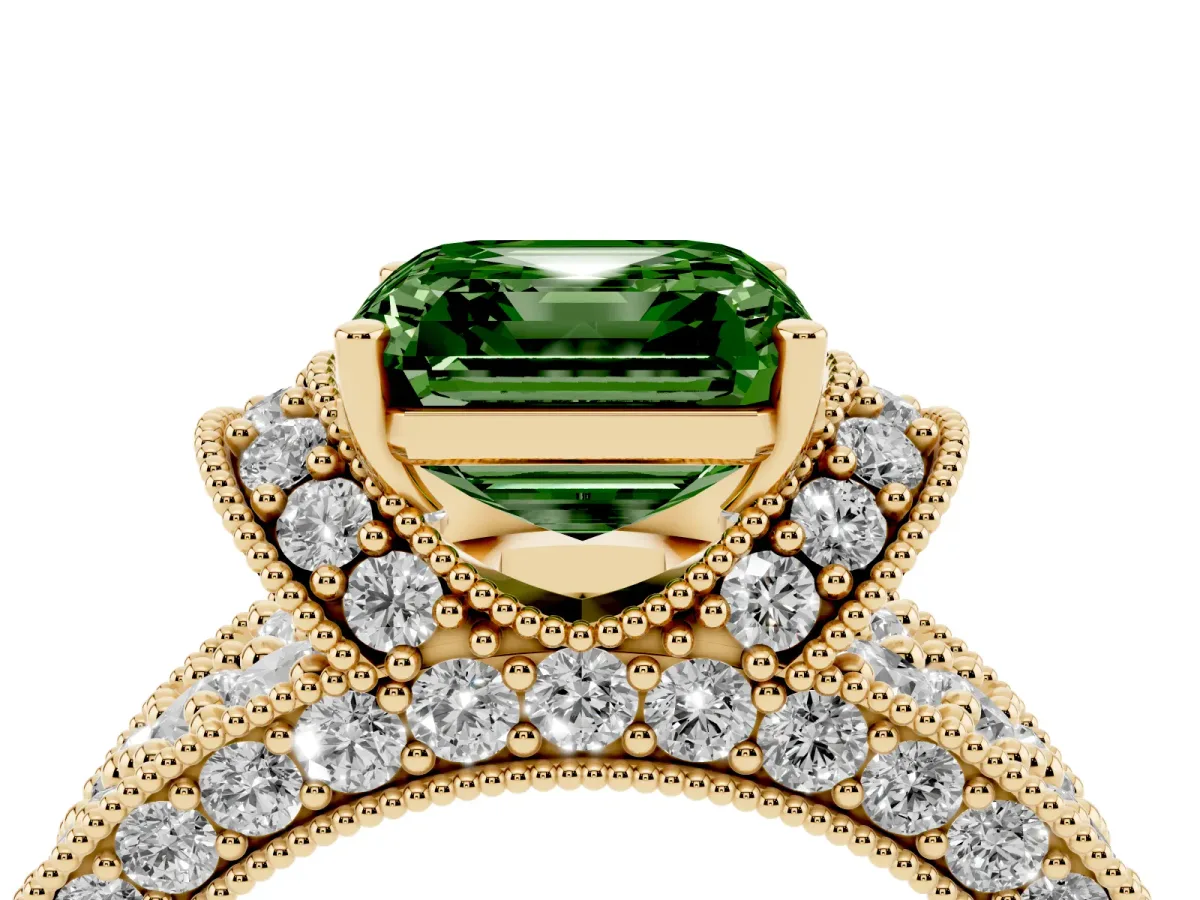 Fancy Green Asscher Cut Halo Pave Diamond Engagement Ring with Milgrain Detailing Yellow gold