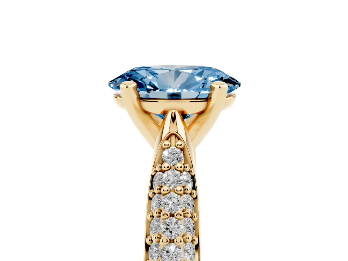 Fancy Blue Oval Cut Diamond Solitaire Engagement Ring with Multi-Row Round Pavé Band and Prong Setting Yellow gold