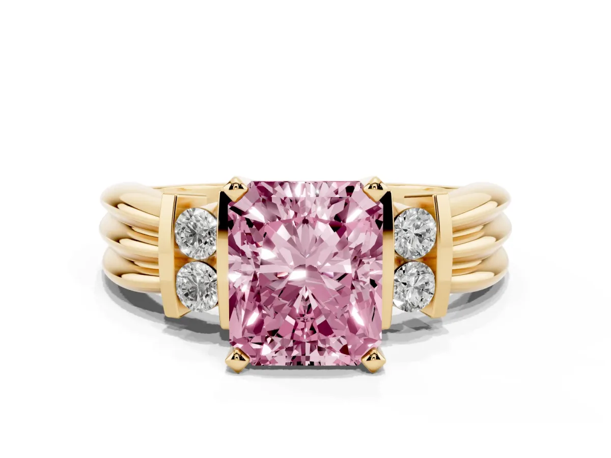 Fancy Pink Radiant Cut Cut Three-Stone Channel Set Ring with Bar Prongs Yellow gold