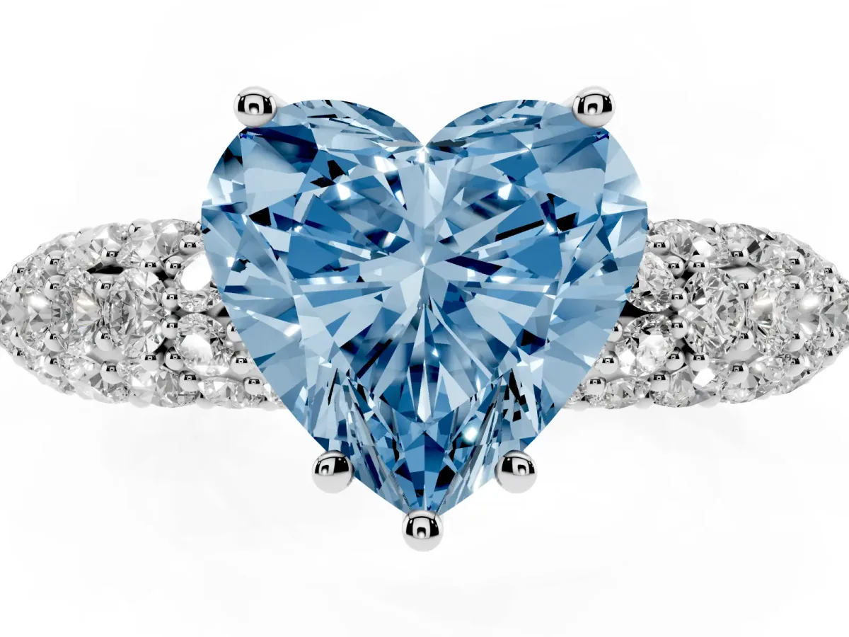 Fancy Blue Heart Cut Diamond Pavé Band Solitaire Ring with Four-Prong Setting Silver