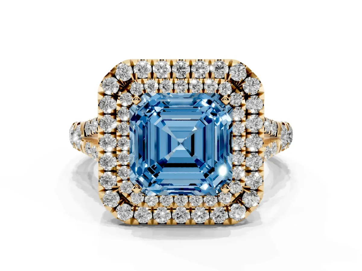 Fancy Blue Asscher Cut Cut Double Halo Split Shank Diamond Ring with Prong Setting Yellow gold