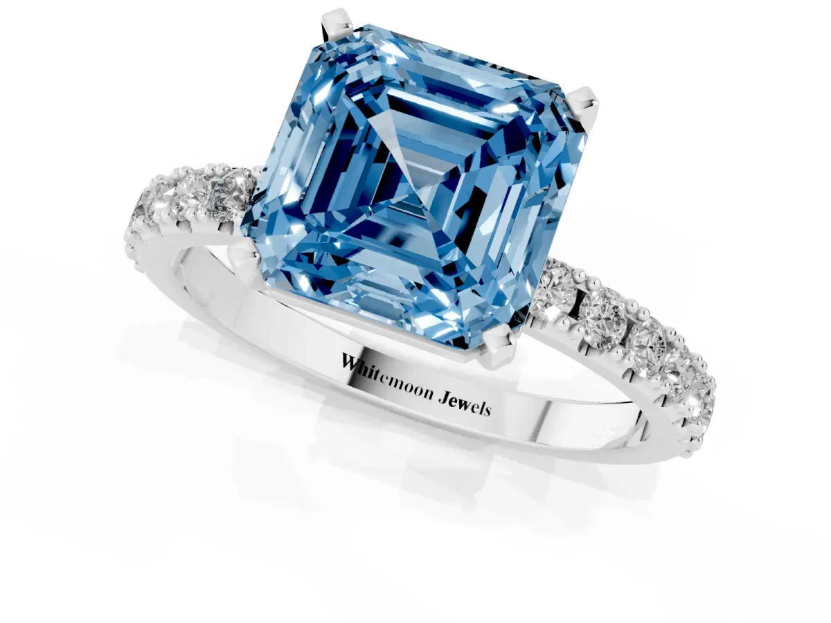 Fancy Blue Asscher Cut Diamond Solitaire Pavé Band with Four-Prong Setting Silver