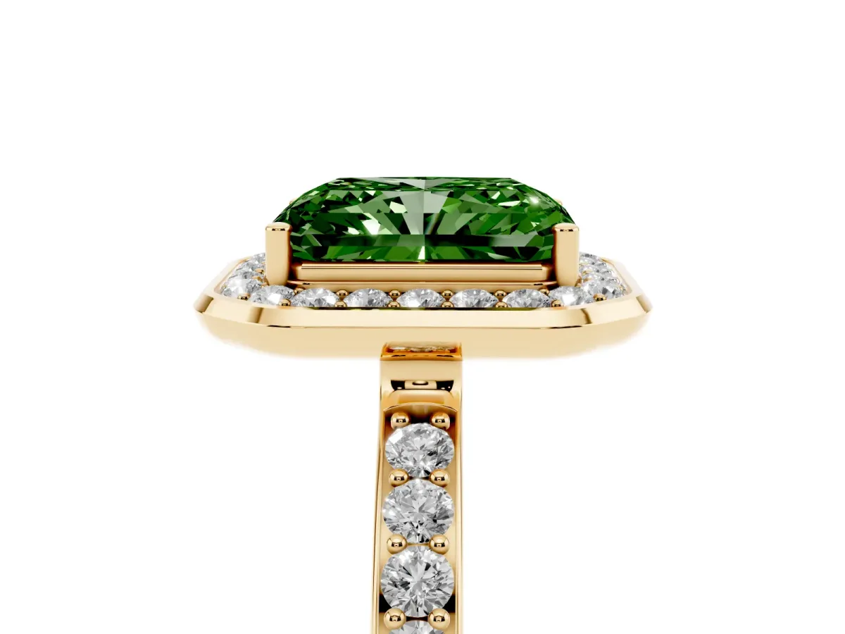 Fancy Green Radiant Cut Diamond Halo Ring with Bezel Frame and Pavé Band Yellow gold