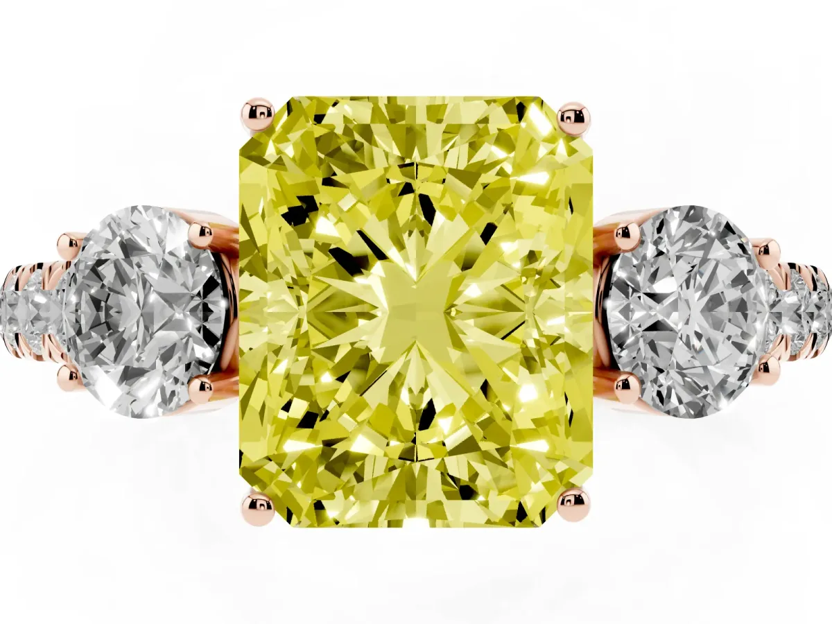 Fancy Yellow Radiant Cut Cut Diamond Three-Stone Ring with Round Side Stones and Pavé Band Rose gold