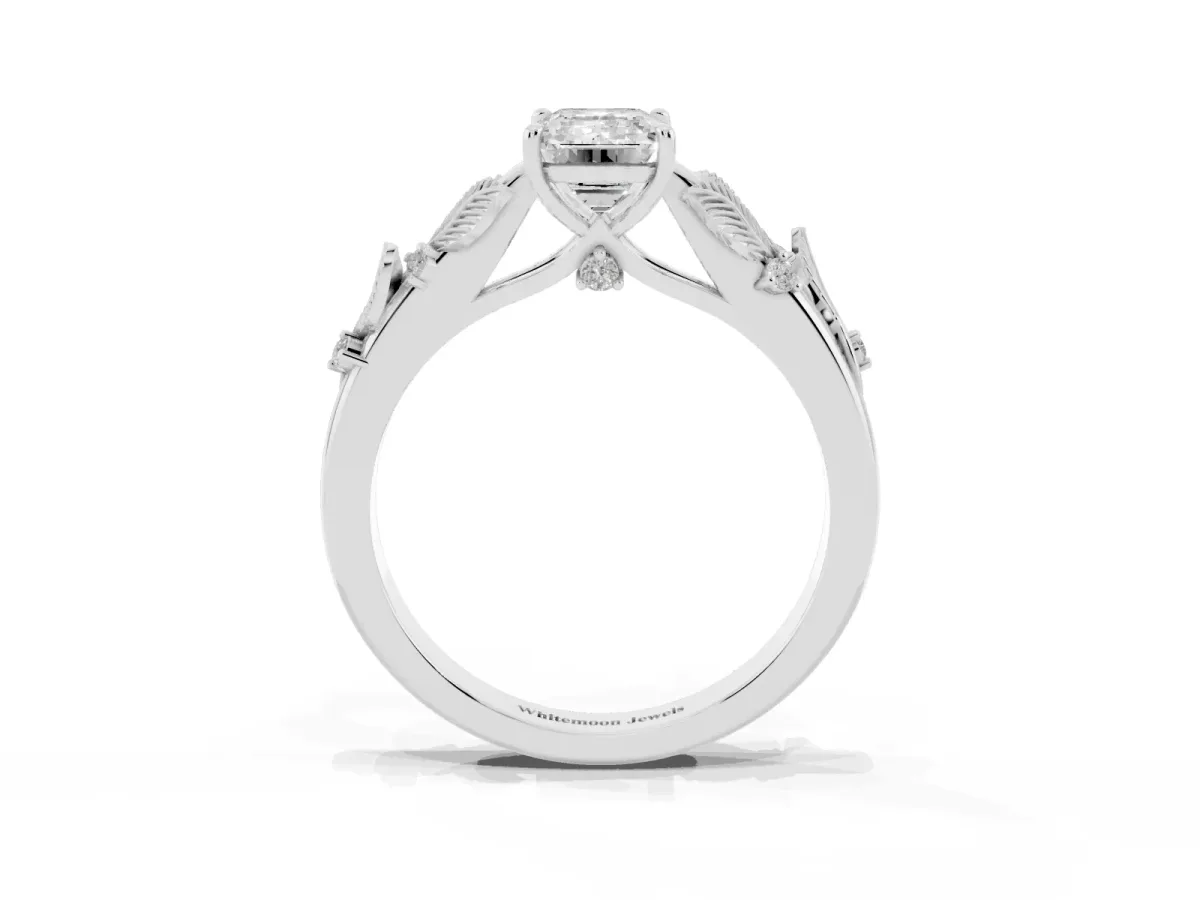 Emerald Cut Diamond Solitaire Ring with Leaf Motif Band and Four-Prong Setting Platinum