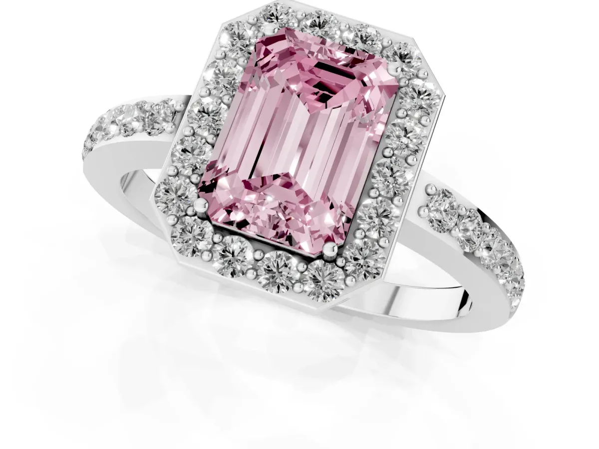 Fancy Pink Emerald Cut Halo Diamond Pavé Band Ring with Prong Setting Platinum