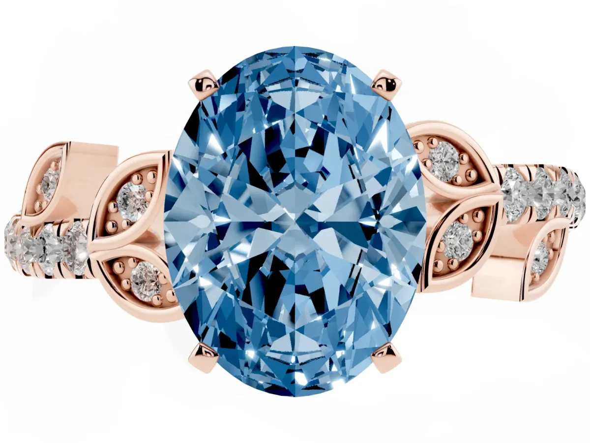 Fancy Blue Oval Cut Solitaire Leaf-Inspired Diamond Ring with Pavé Band and Four-Prong Setting Rose gold