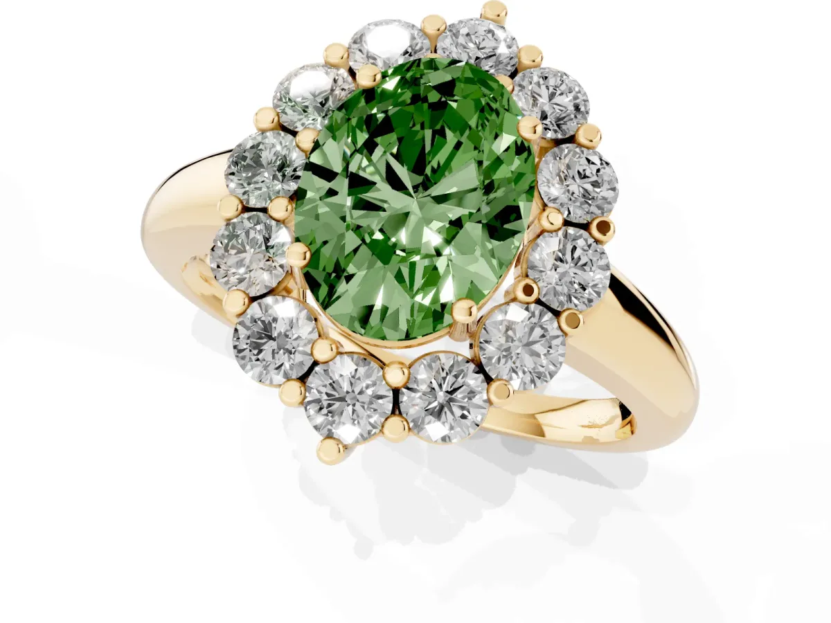 Fancy Green Oval Cut Halo Cluster Diamond Engagement Ring with Prong Setting and Polished Band Yellow gold