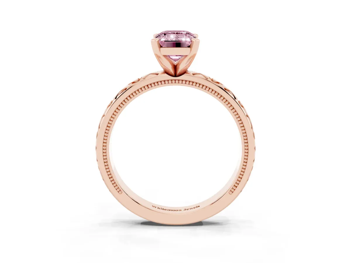 Fancy Pink Emerald Cut Solitaire Diamond Engagement Ring with XO Engraved Band and Four-Prong Setting Rose gold