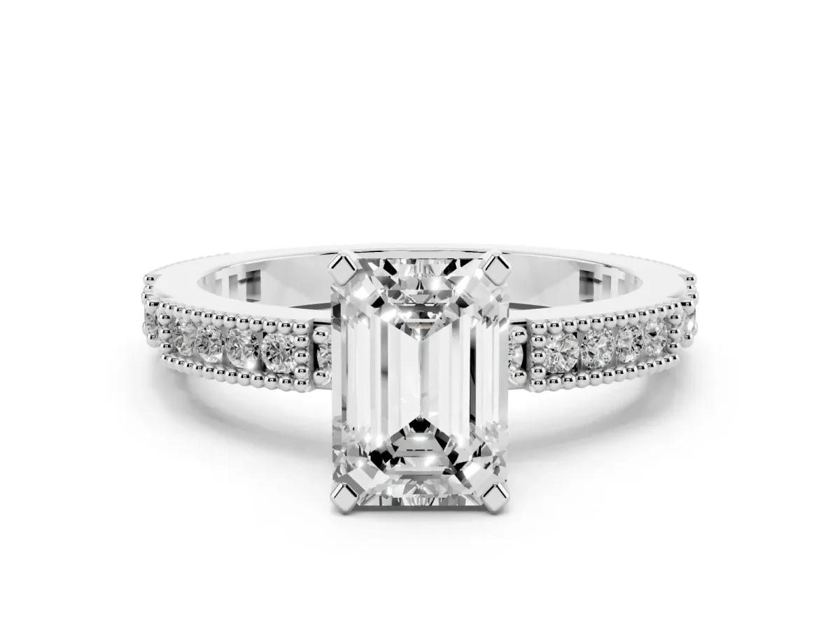 Emerald Cut Solitaire with Pavé Band and Four-Prong Setting Silver