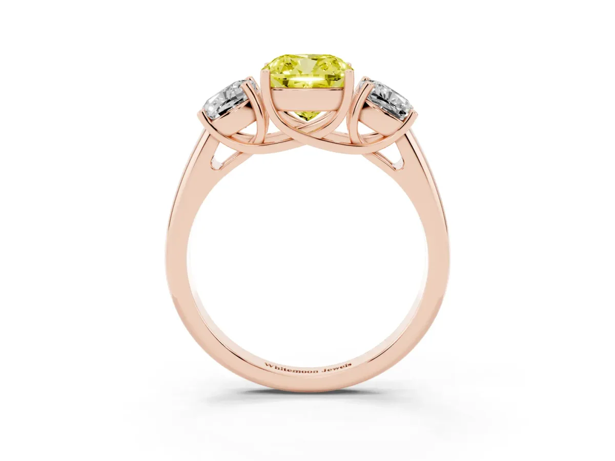 Fancy Yellow Three-Stone Cushion Cut Diamond Engagement Ring with Prong Setting Rose gold