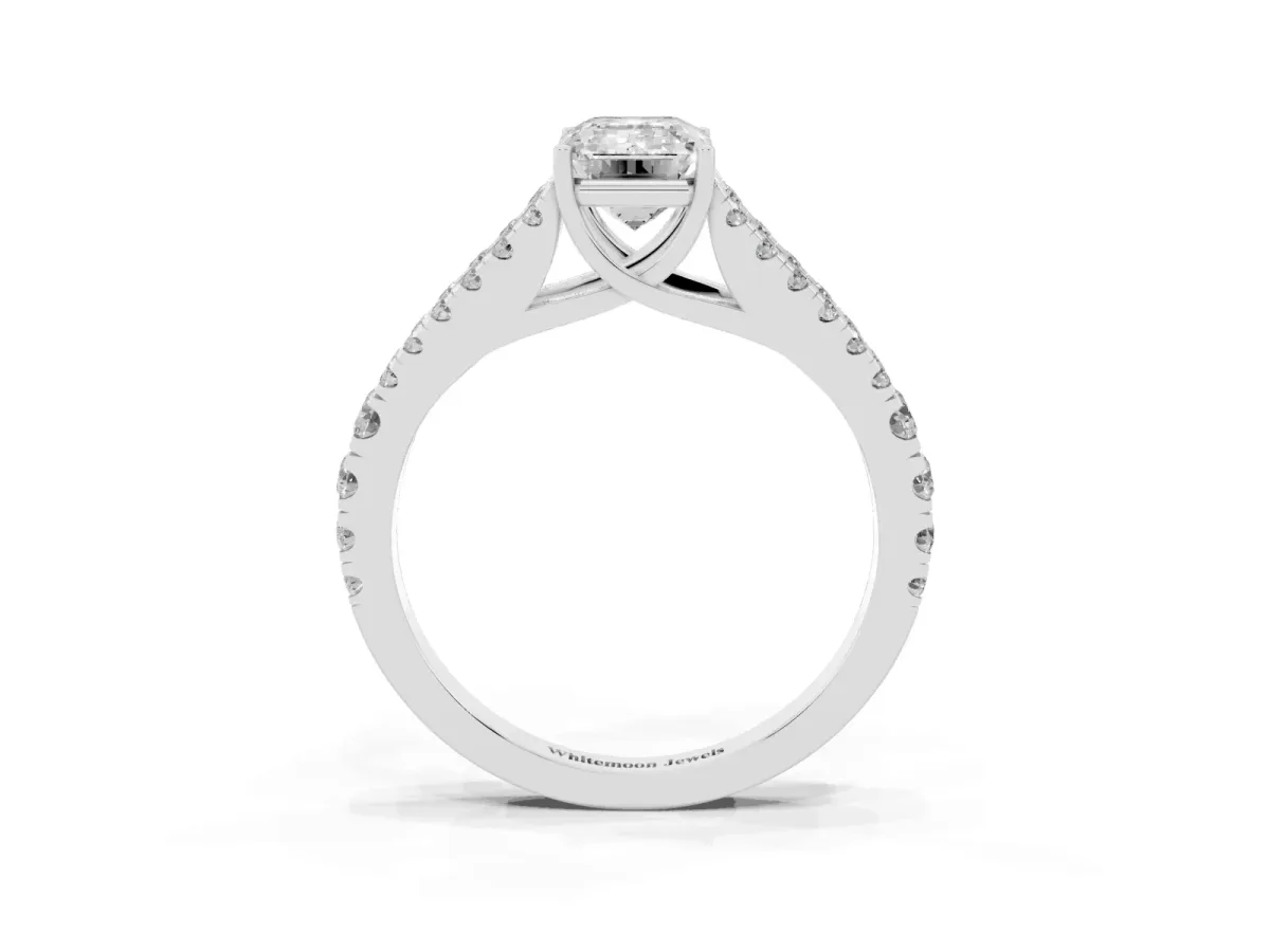 Emerald Cut Diamond Split Shank Engagement Ring with Round Pavé and Prong Setting Platinum
