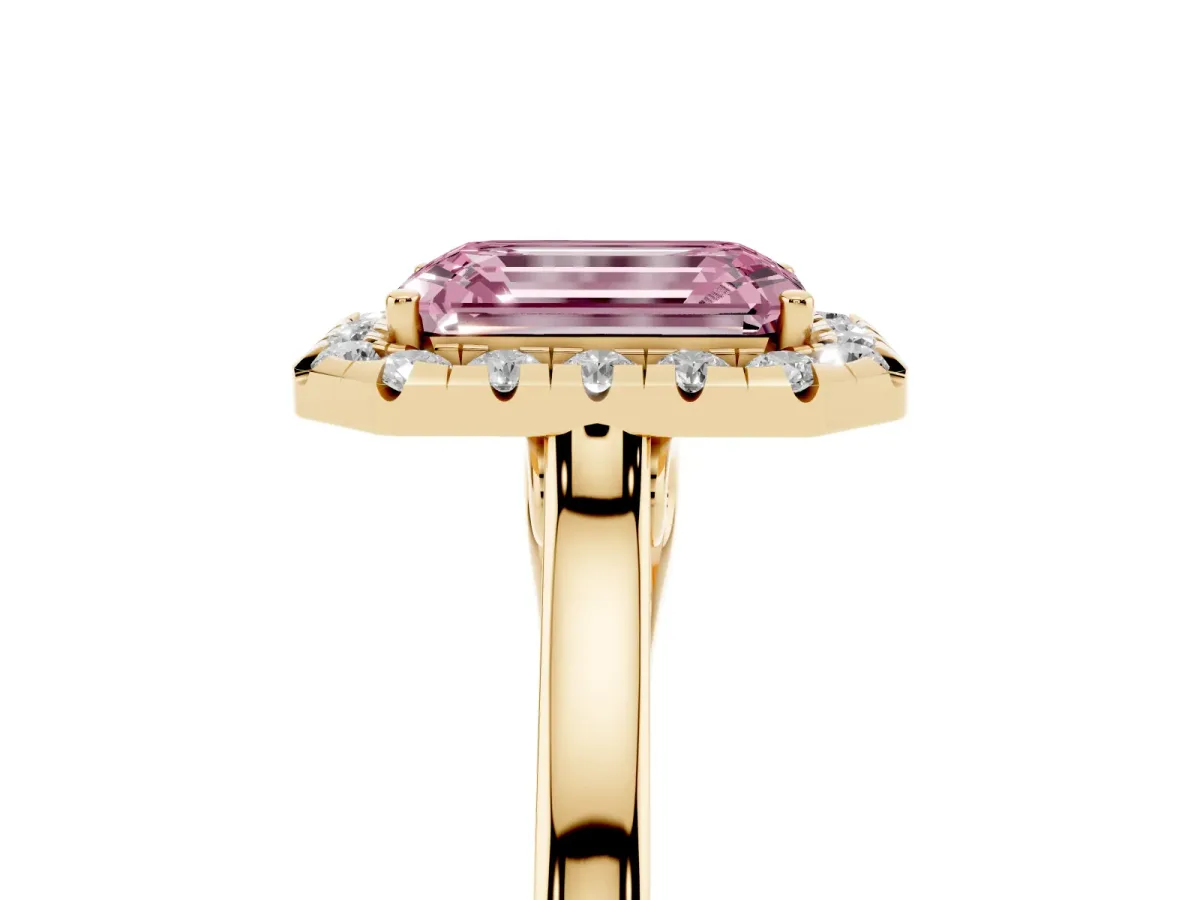 Fancy Pink Emerald Cut Halo Round Diamond Solitaire Ring with Pavé Band and Four-Prong Setting Yellow gold