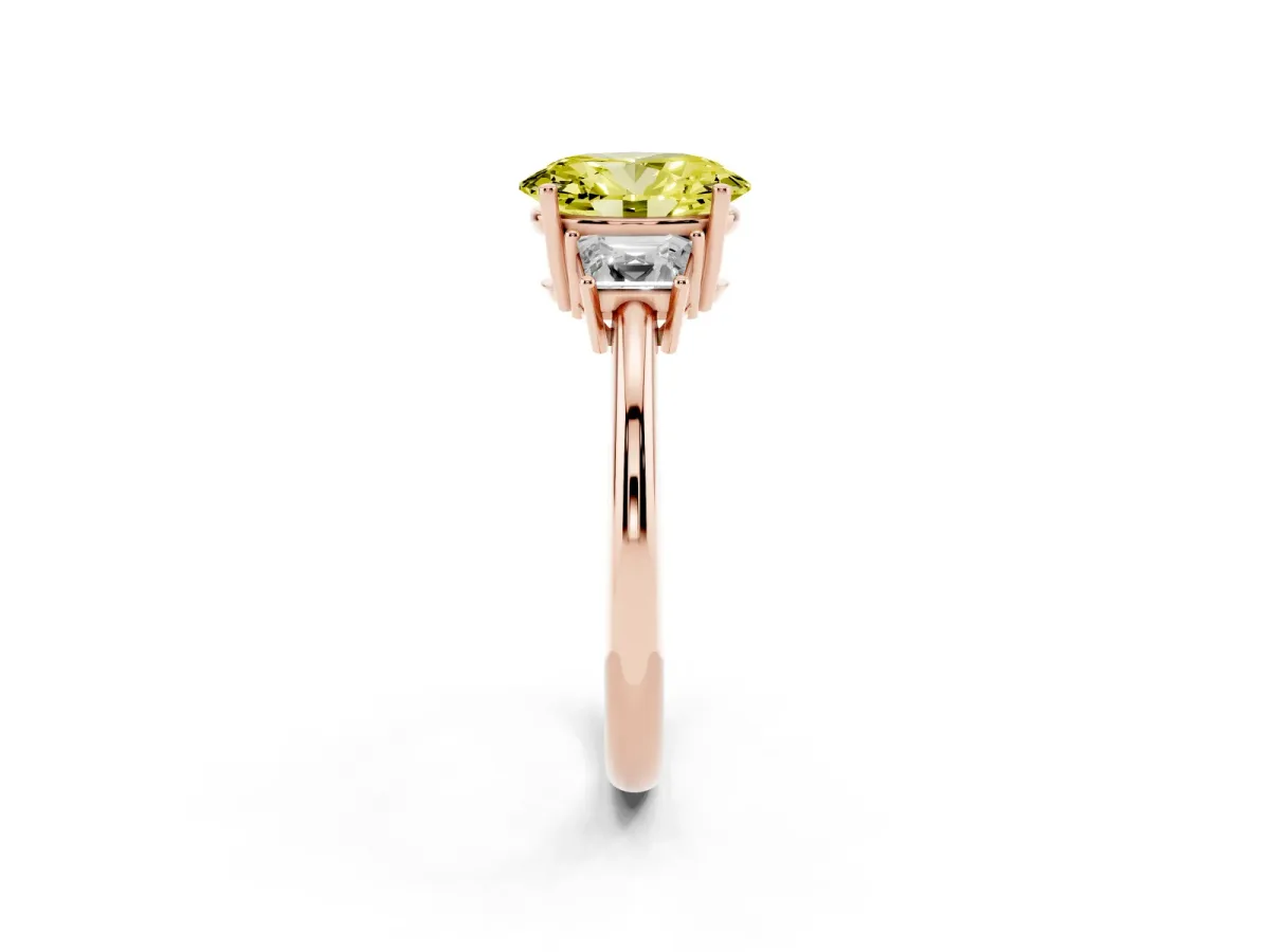 Fancy Yellow Oval Cut Diamond Three-Stone Ring with Trapezoid Side Stones and Prong Setting Rose gold