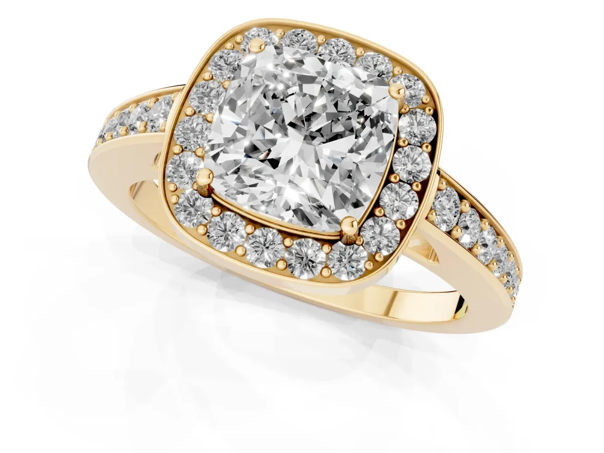Cushion Cut Halo Pavé Diamond Engagement Ring with Bezel Setting Yellow gold