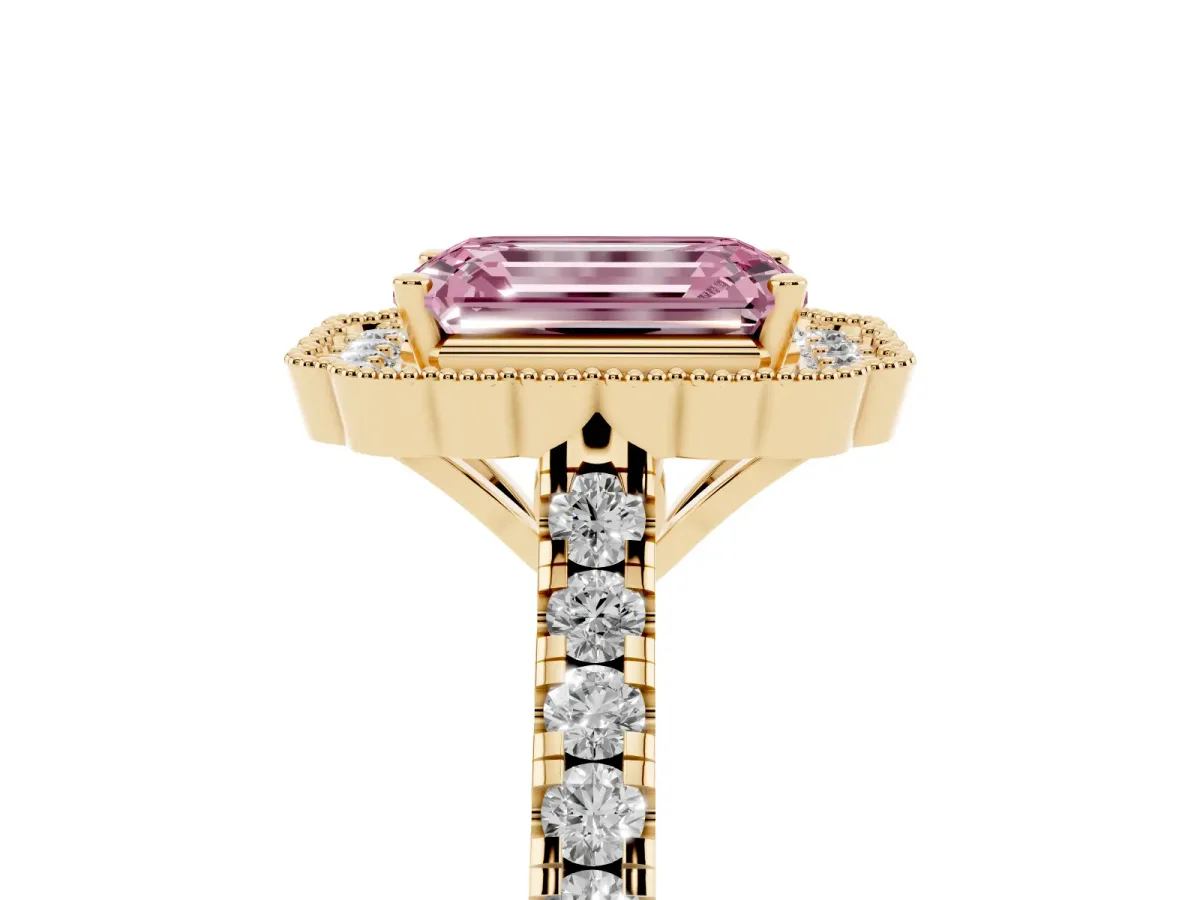 Fancy Pink Emerald Cut Cut Diamond Milgrain Floral Halo Engagement Ring with Pavé Band Yellow gold