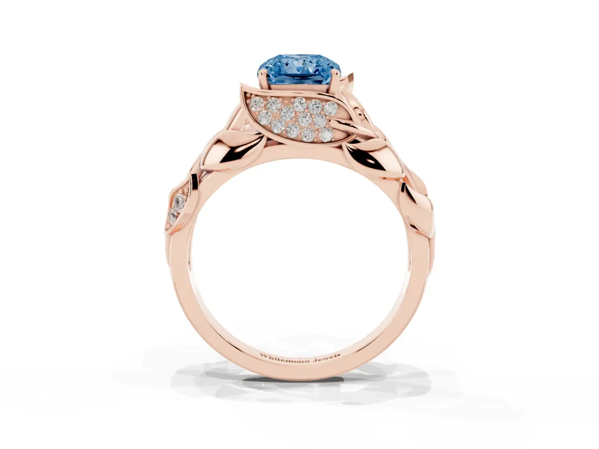 Fancy Blue Radiant Cut Diamond Leaf-Inspired Engagement Ring with Round Accents and Prong Setting Rose gold