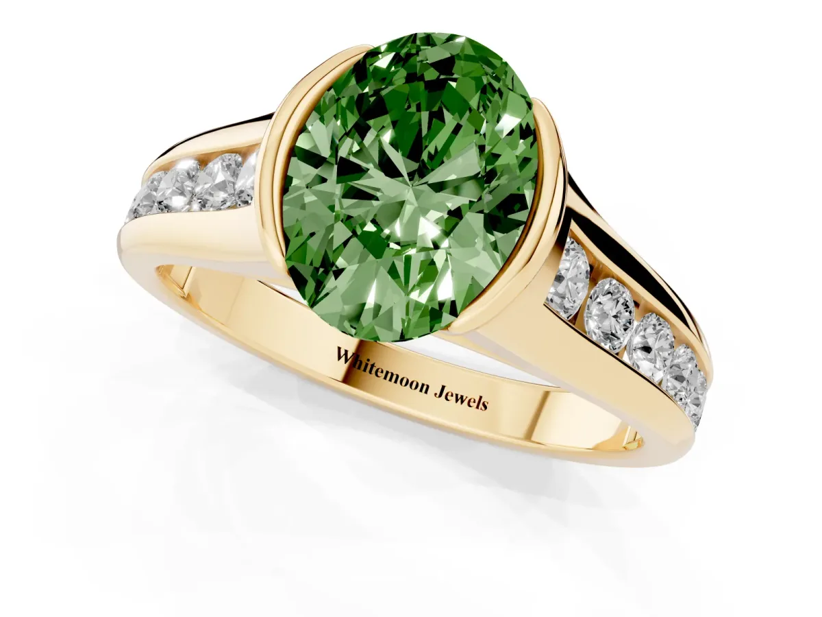 Fancy Green Oval Cut Solitaire Bezel-Set Diamond Ring with Channel-Set Band Yellow gold