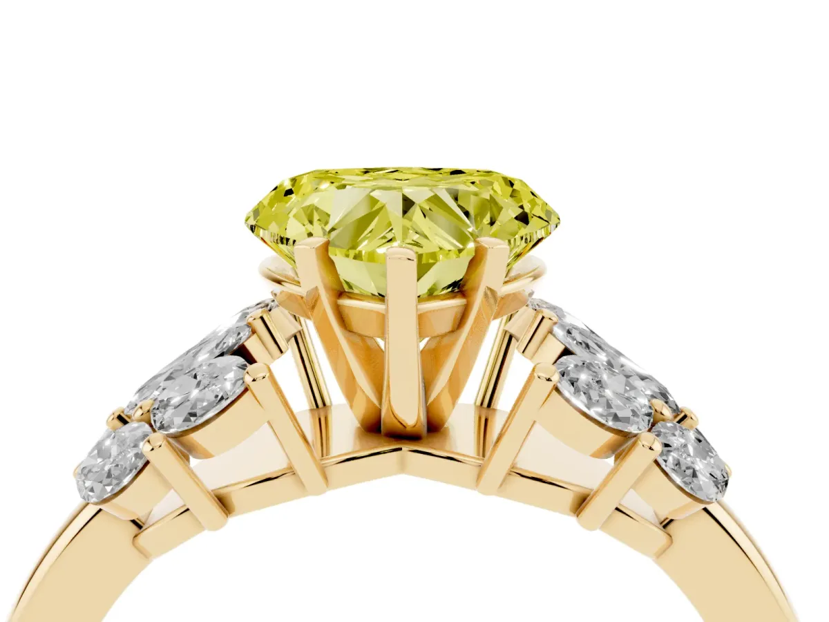 Fancy Yellow Heart Cut Diamond Cluster Leaf Design Ring with Prong Setting Yellow gold
