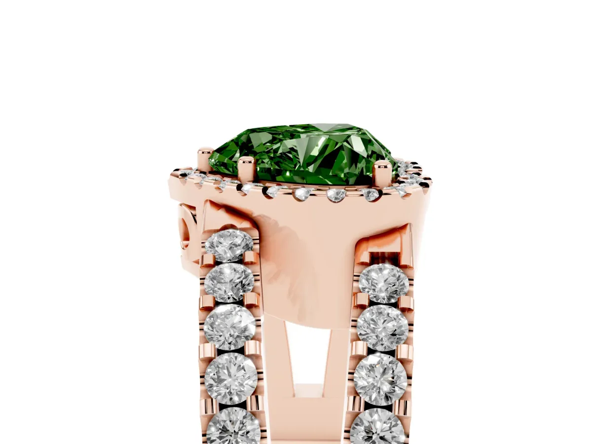 Fancy Green Heart Cut Cut Halo Split Shank Diamond Ring with Four-Prong Setting Rose gold