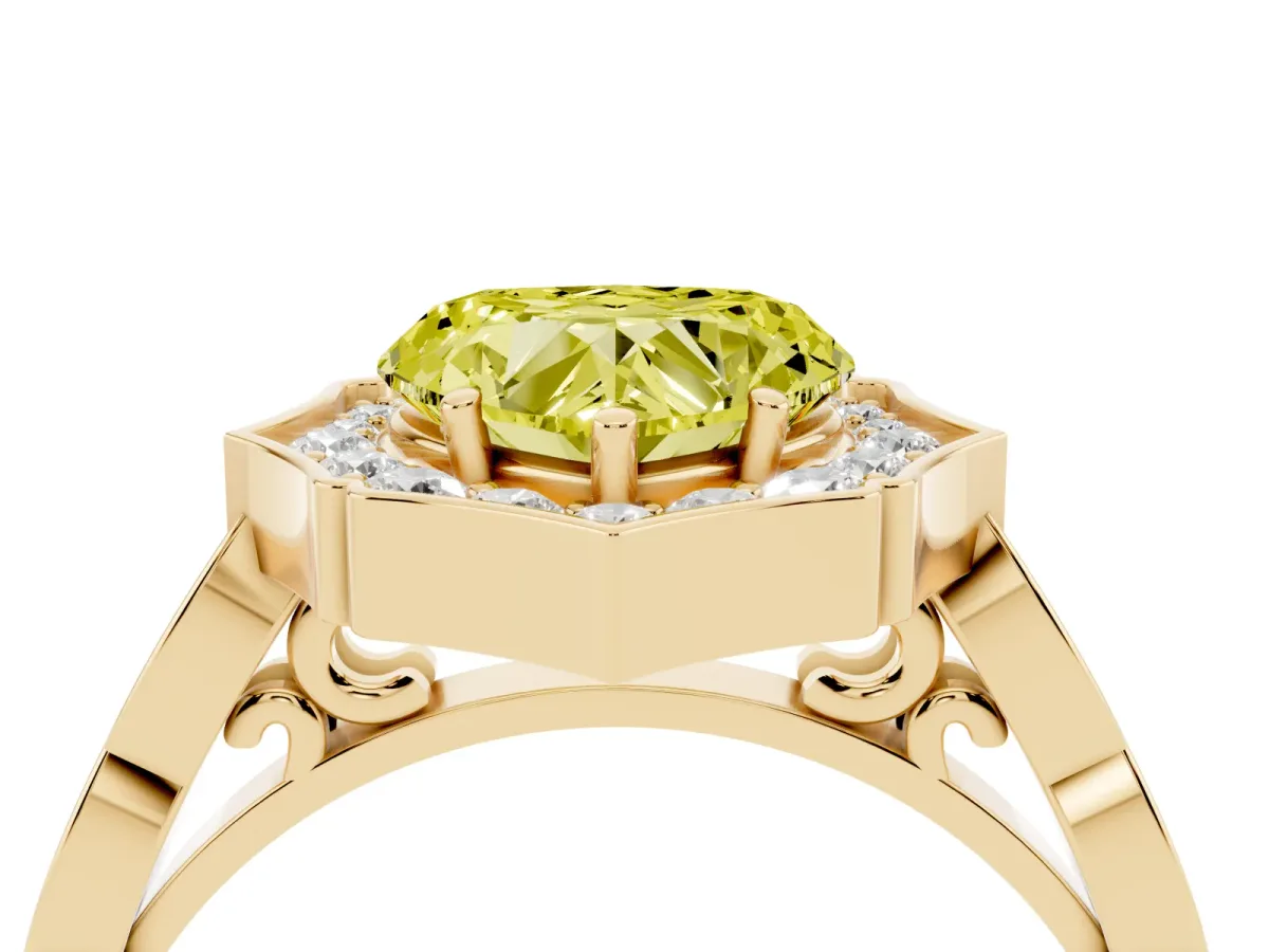 Fancy Yellow Heart Cut Halo Diamond Engagement Ring with Milgrain Band and Four-Prong Setting Yellow gold