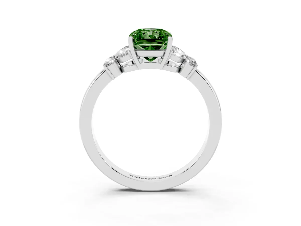 Fancy Green Radiant Cut Cut Solitaire Floral Diamond Ring with Four-Prong Setting Silver