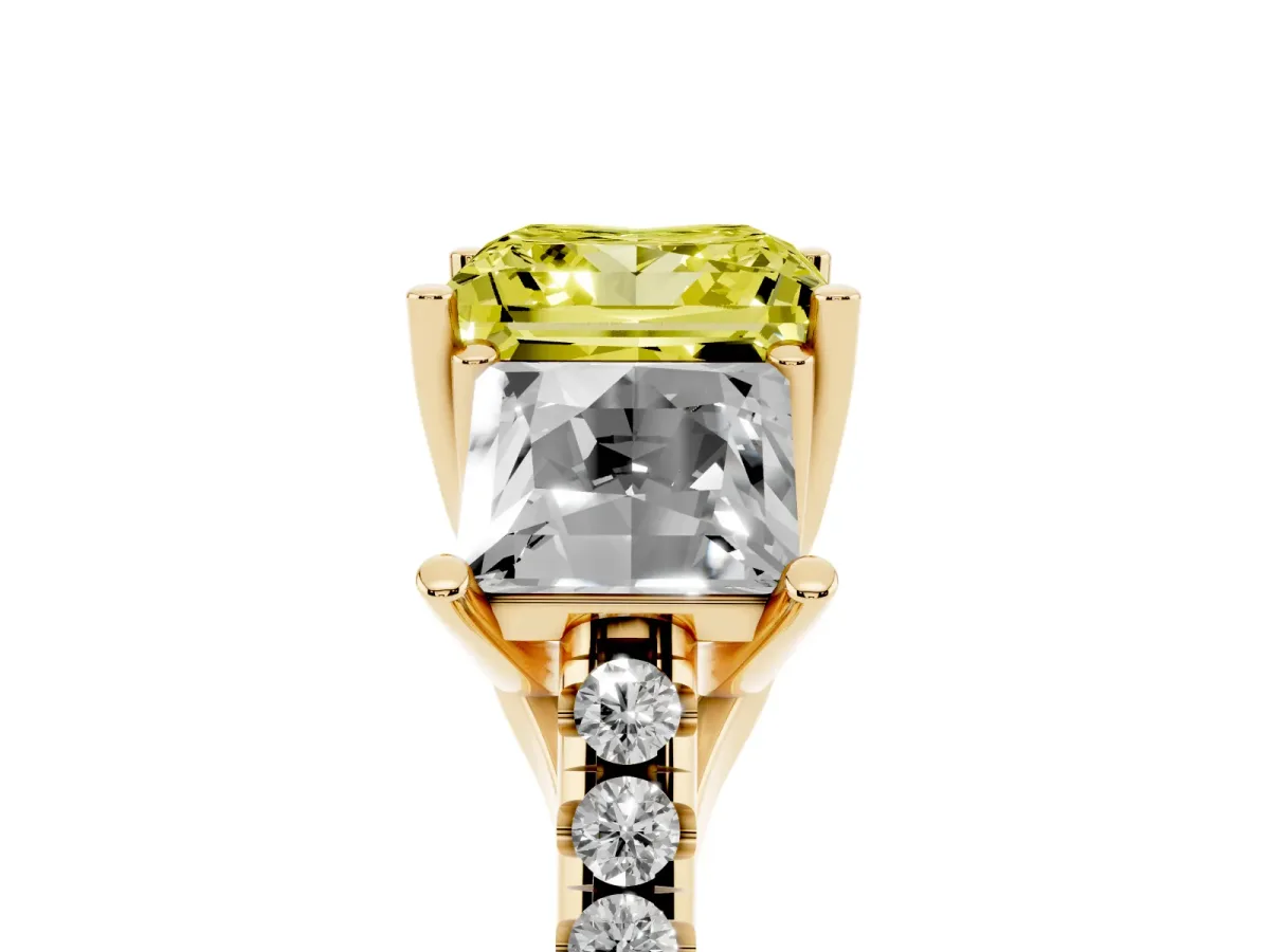 Fancy Yellow Three-Stone Princess Cut Diamond Ring with Round Pavé Band and Prong Setting Yellow gold