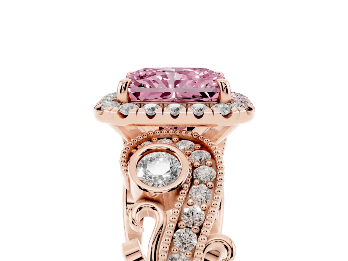 Fancy Pink Radiant Cut Halo Diamond Ring with Milgrain and Bezel Accents on a Split Shank Band Rose gold
