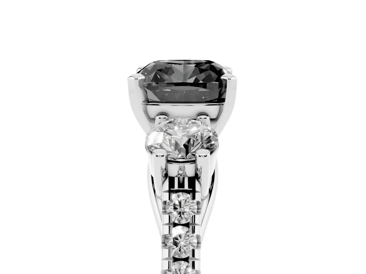 Fancy Black Three-Stone Cushion Cut Diamond Pavé Band with Four-Prong Setting Platinum