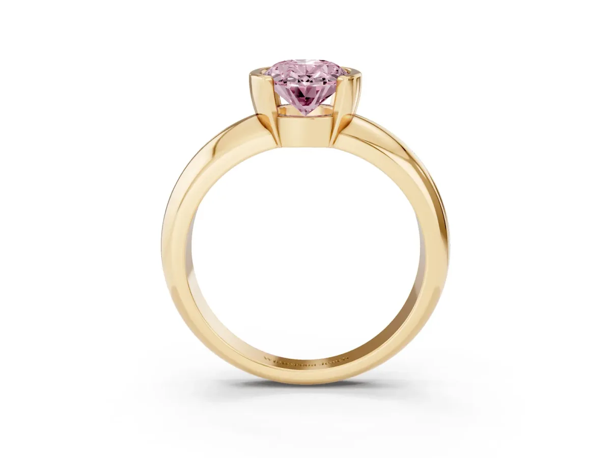 Fancy Pink Oval Cut Solitaire Tension Set Diamond Ring with Wide Band Yellow gold