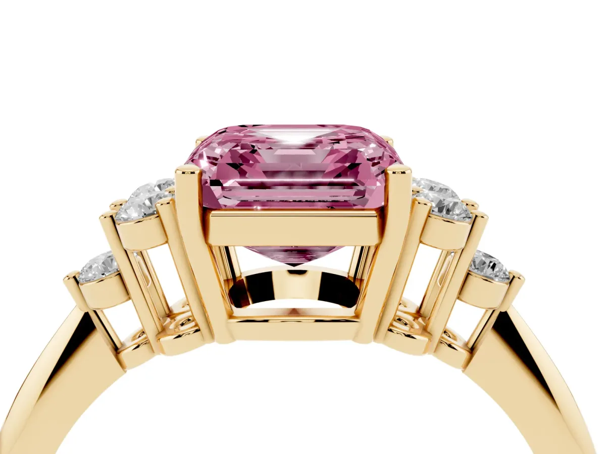 Fancy Pink Asscher Cut Cut Diamond Cluster Ring with Solitaire Band and Four-Prong Setting Yellow gold
