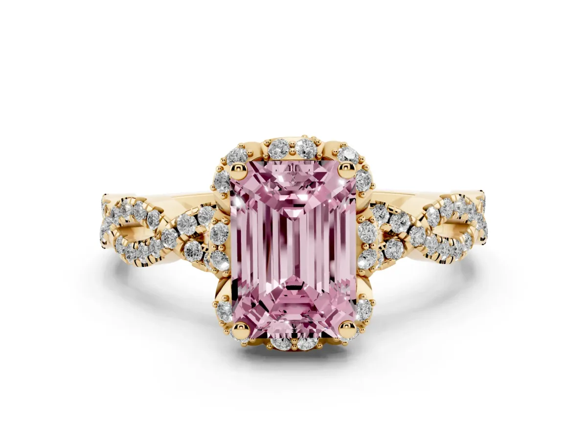 Fancy Pink Emerald Cut Halo Twist Band Solitaire Ring with Six-Prong Setting Yellow gold