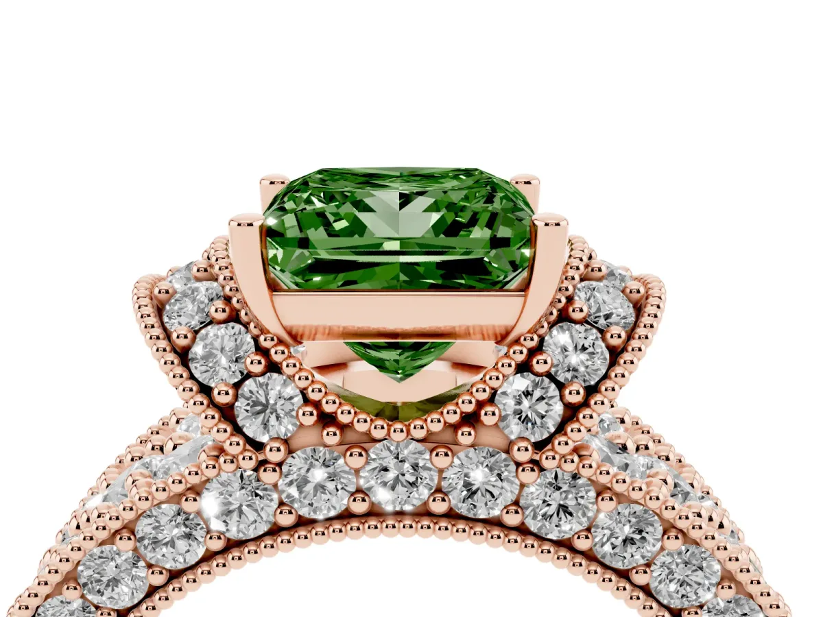 Fancy Green Princess Cut Halo Pave Diamond Engagement Ring with Milgrain Detailing Rose gold