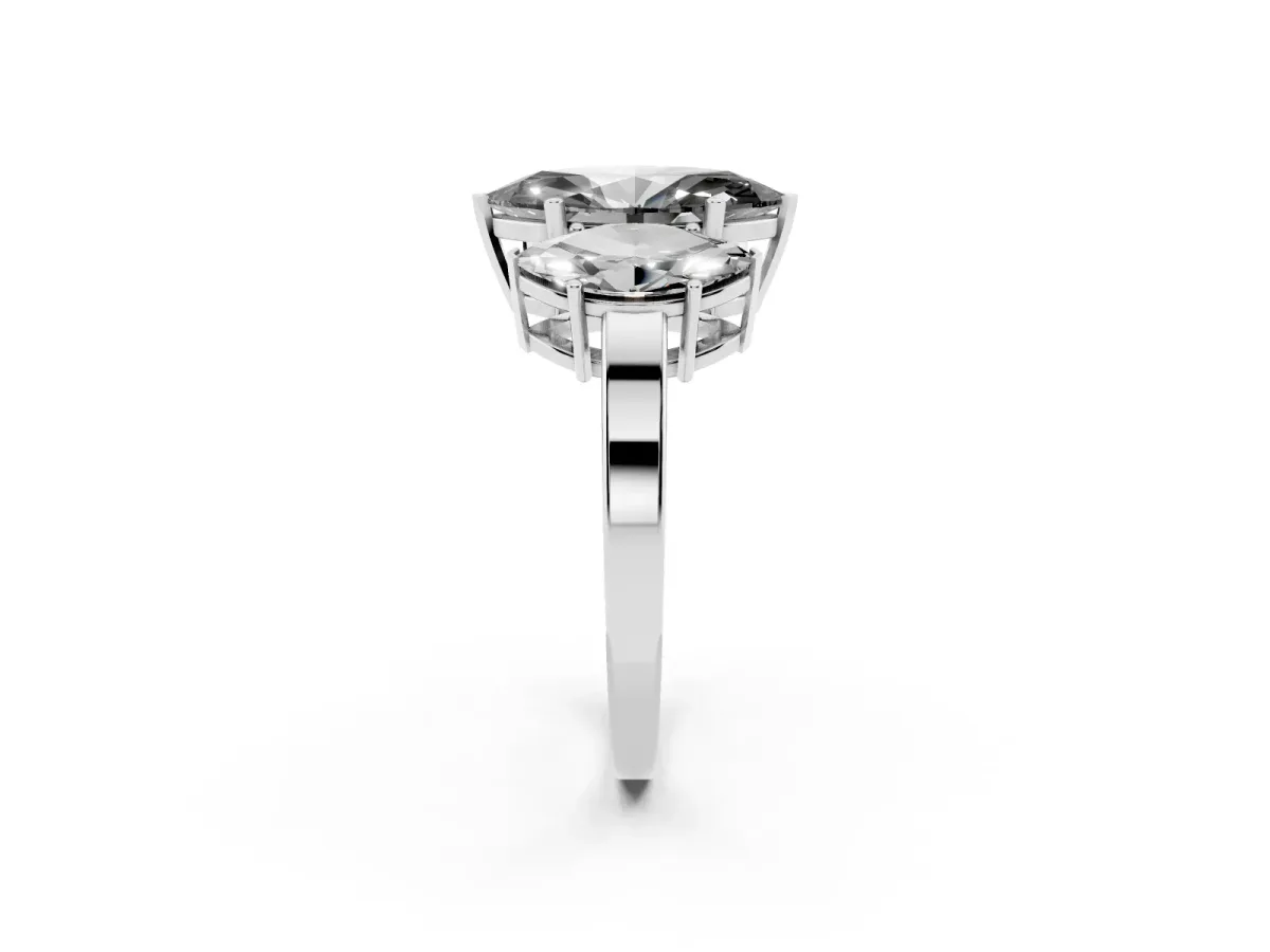 Fancy Black Three-Stone Marquise Cut Cut Diamond Engagement Ring with Flat Band and Four-Prong Setting Silver