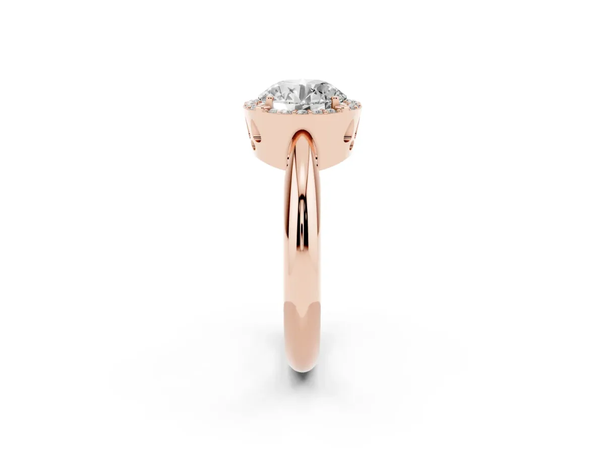 Round Cut Cut Diamond Halo Engagement Ring with Split Shank and Four-Prong Setting Rose gold