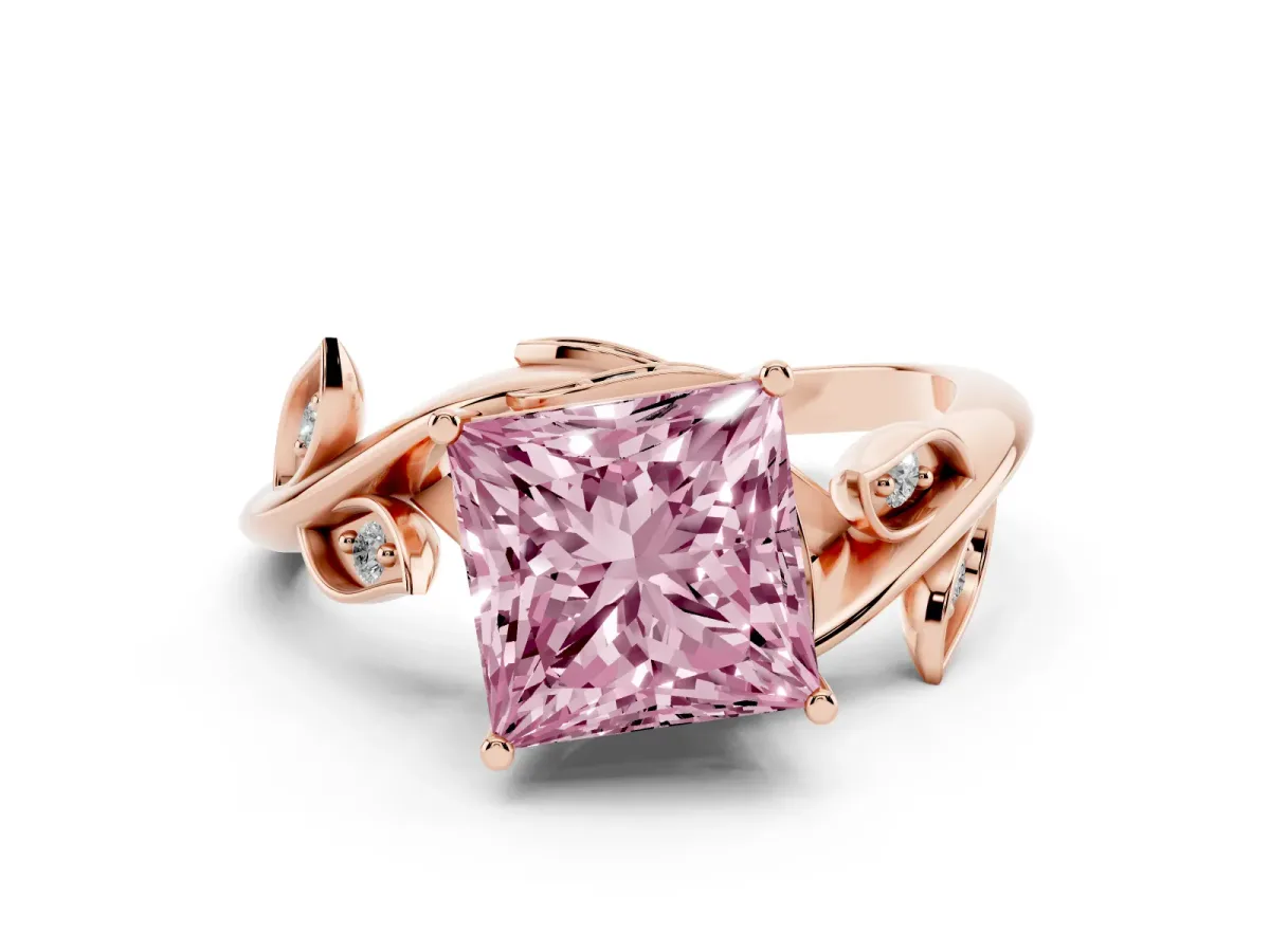 Fancy Pink Princess Cut Solitaire Twist Engagement Ring with Leaf Accents and Prong Setting Rose gold