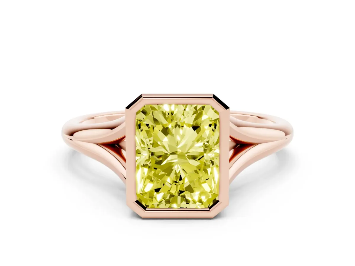 Fancy Yellow Bezel Set Radiant Cut Cut Solitaire Ring with Tapered Band Rose gold