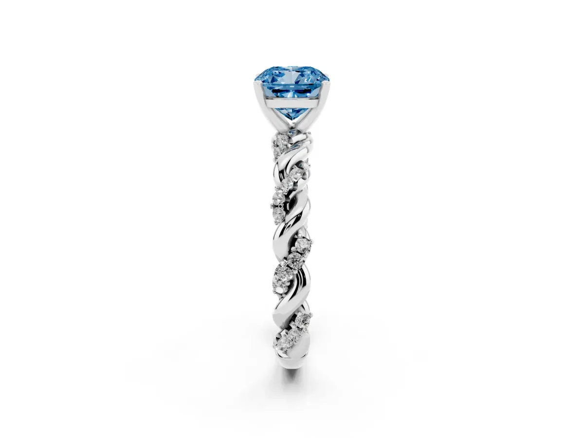 Fancy Blue Cushion Cut Diamond Solitaire Ring with Twisted Band and Pavé Accents Platinum